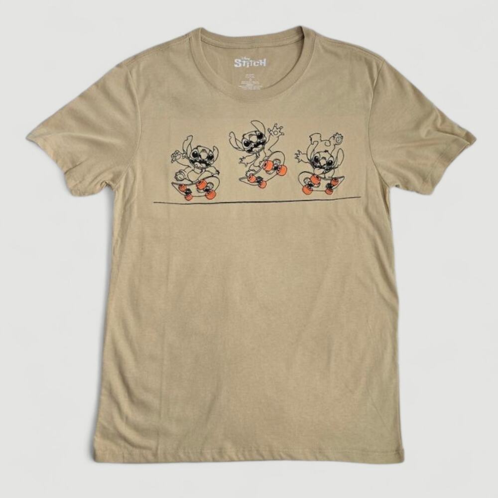 Disney Stitch Skateboard Beige Grunge Graphic Tee Small